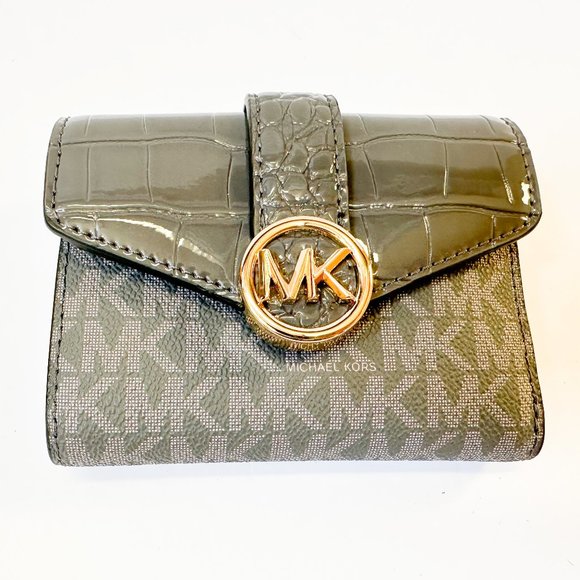 Michael Kors Carmen Medium Flap Bifold Wallet Embossed MK Signature Grey Multi - Picture 5 of 11